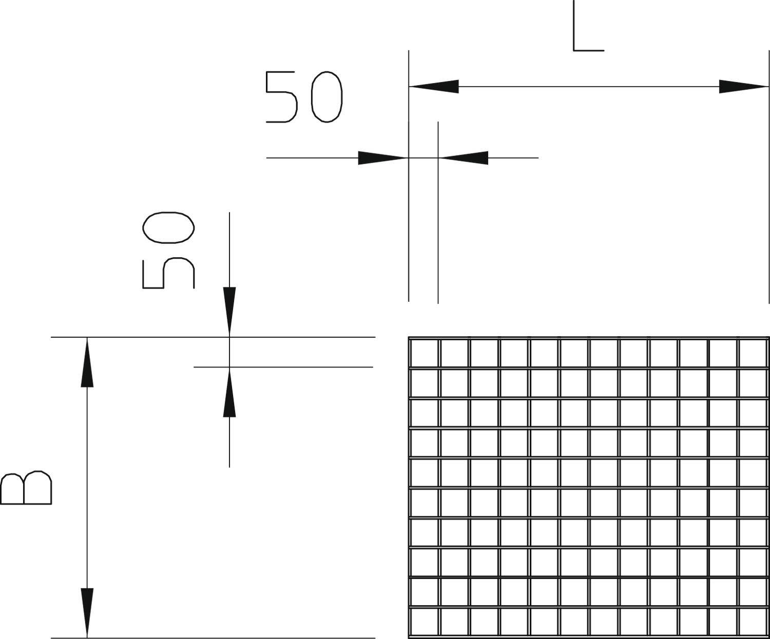 Rysunek techniczny przedstawia prostokątną siatkę kratową o wymiarach 50 mm x 50 mm. Strzałki oznaczają szerokość (B) i długość (L).