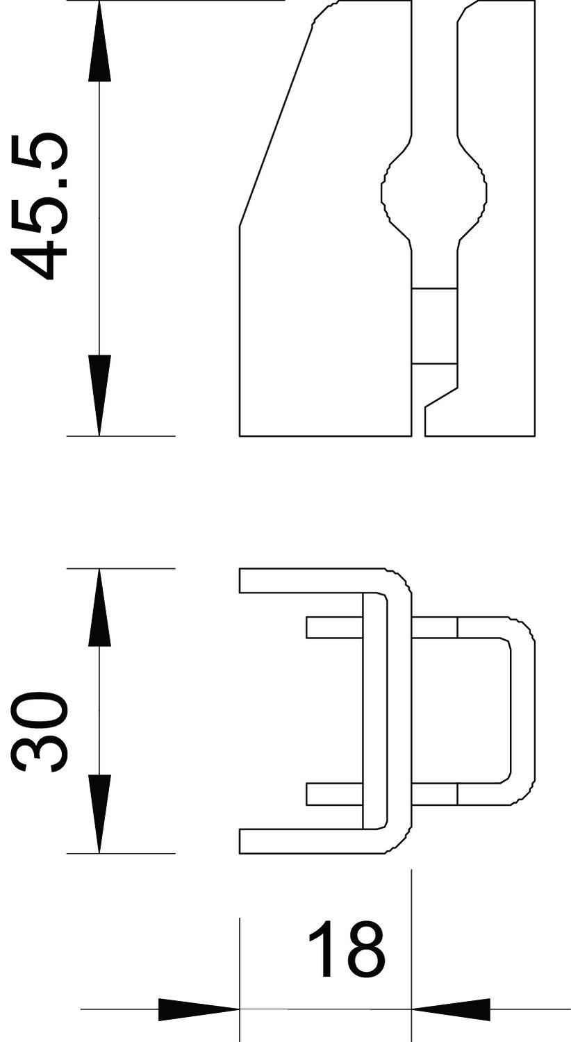 Przekrój poprzeczny profilu technicznego z wymiarami: wysokość 45,5 mm, szerokość 18 mm oraz dodatkowa wysokość 30 mm.