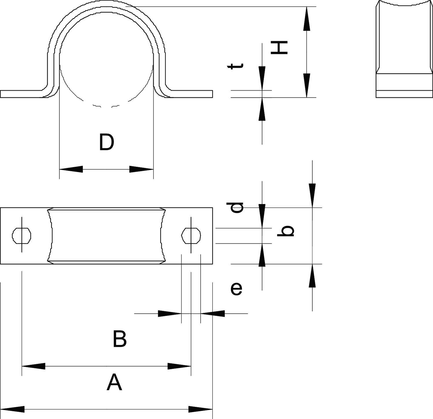 Rysunek techniczny zacisku do rur. Przedstawia wymiary takie jak średnica (D), wysokość (H), szerokość (B), odstęp (A) oraz grubość materiału (t).