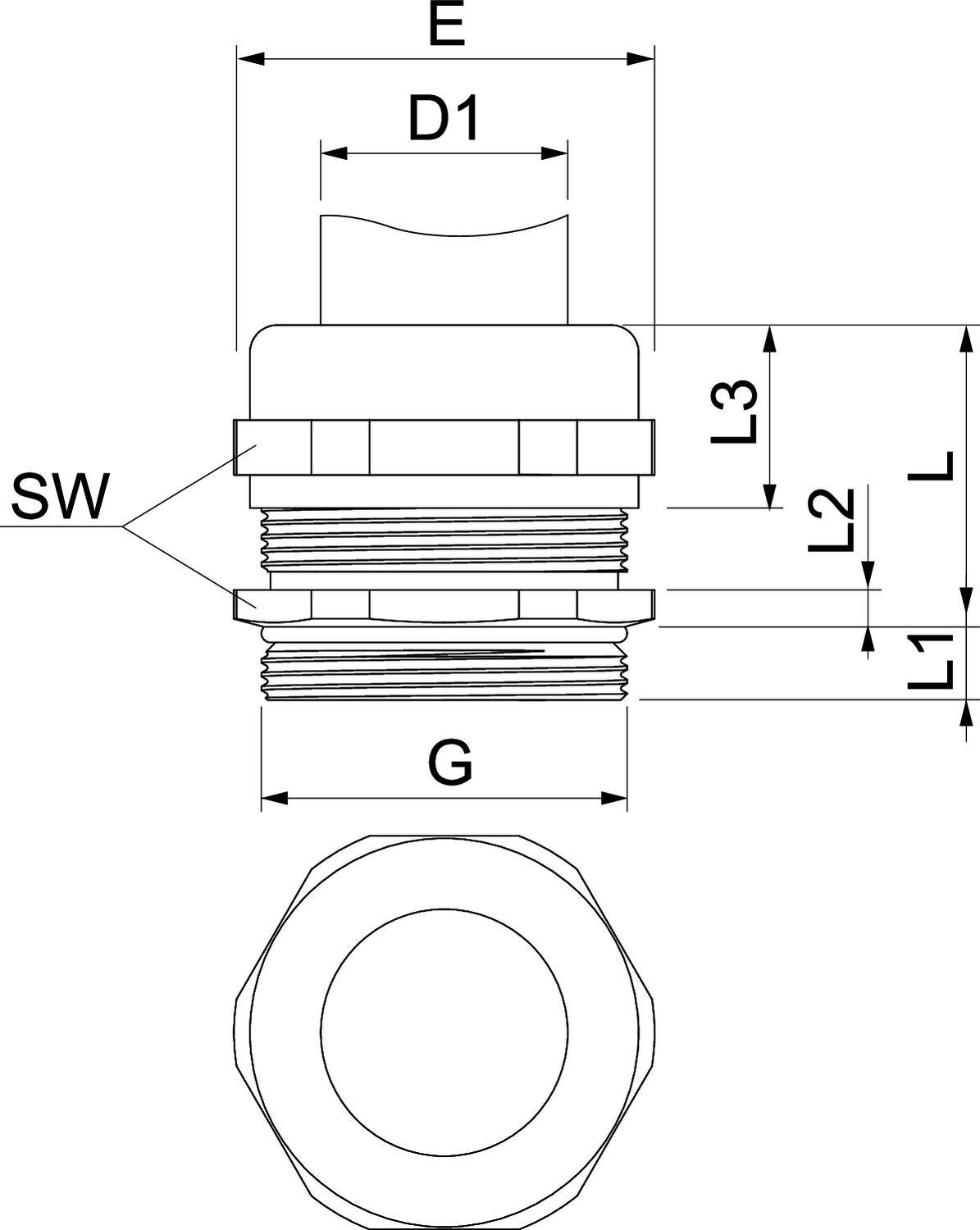 Rysunek techniczny adaptera gwintowego z oznaczeniami wymiarów: E, D1, SW, G, L3, L2, L1. Przedstawiono widok z góry i widok z boku.
