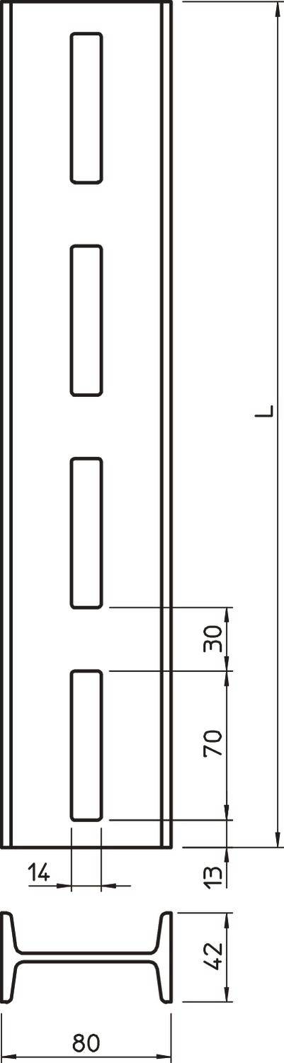 Rysunek techniczny profilu stalowego z nacięciami. Wymiary: 80 mm szerokości, 14 mm wysokości, 42 mm głębokości. Nacięcia: 30 mm.