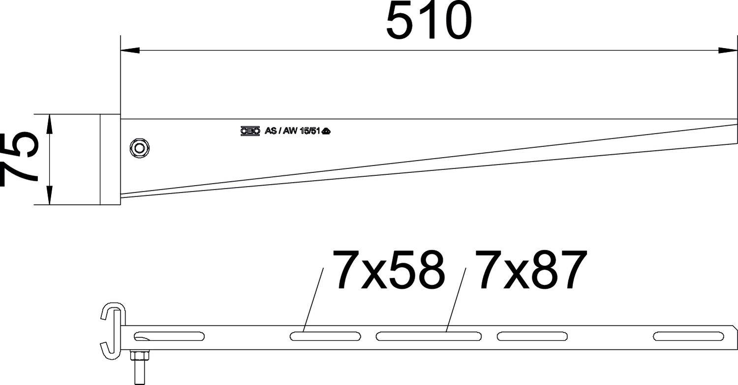 Rysunek techniczny wspornika ściennego o wymiarach: długość 510 mm, wysokość 75 mm. Trzy otwory montażowe: 7x58, 7x87 opisane.
