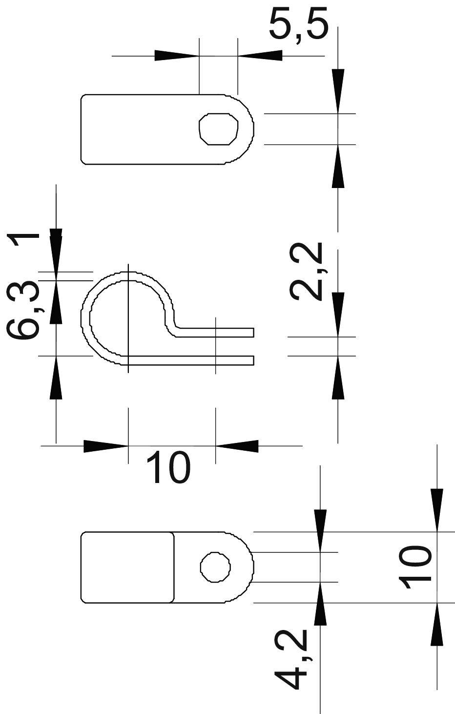Rysunek techniczny metalowego zacisku z wymiarami: długość 10 mm, wysokość 6,3 mm, szerokość 5,5 mm oraz odległość 2,2 mm między dwoma komponentami.