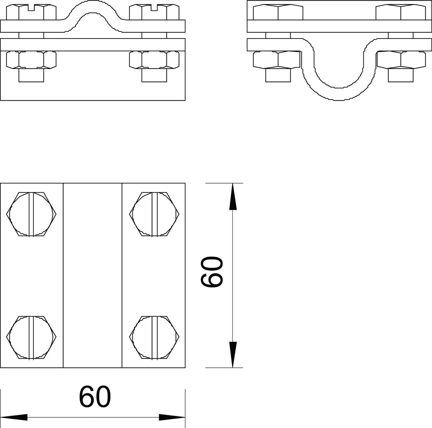 Rysunek techniczny obejmy rurowej o wymiarach 60 x 60 mm. Przedstawia widok z góry oraz dwie perspektywy boczne z widocznymi śrubami.