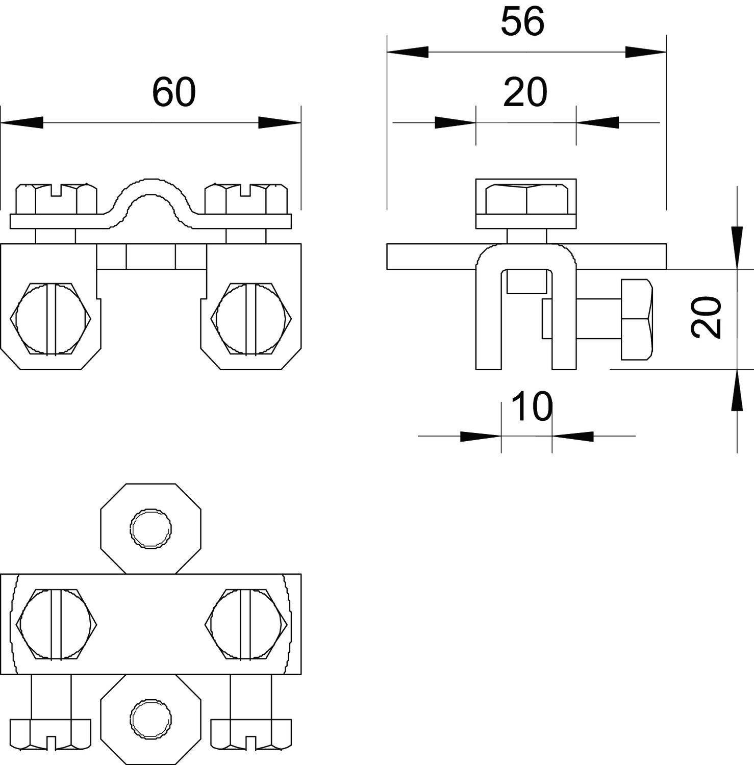 Rysunek techniczny systemu zaciskowego z metalu z wymiarami w milimetrach: góra 60, bok 56 i 20, spód 20 i 10.