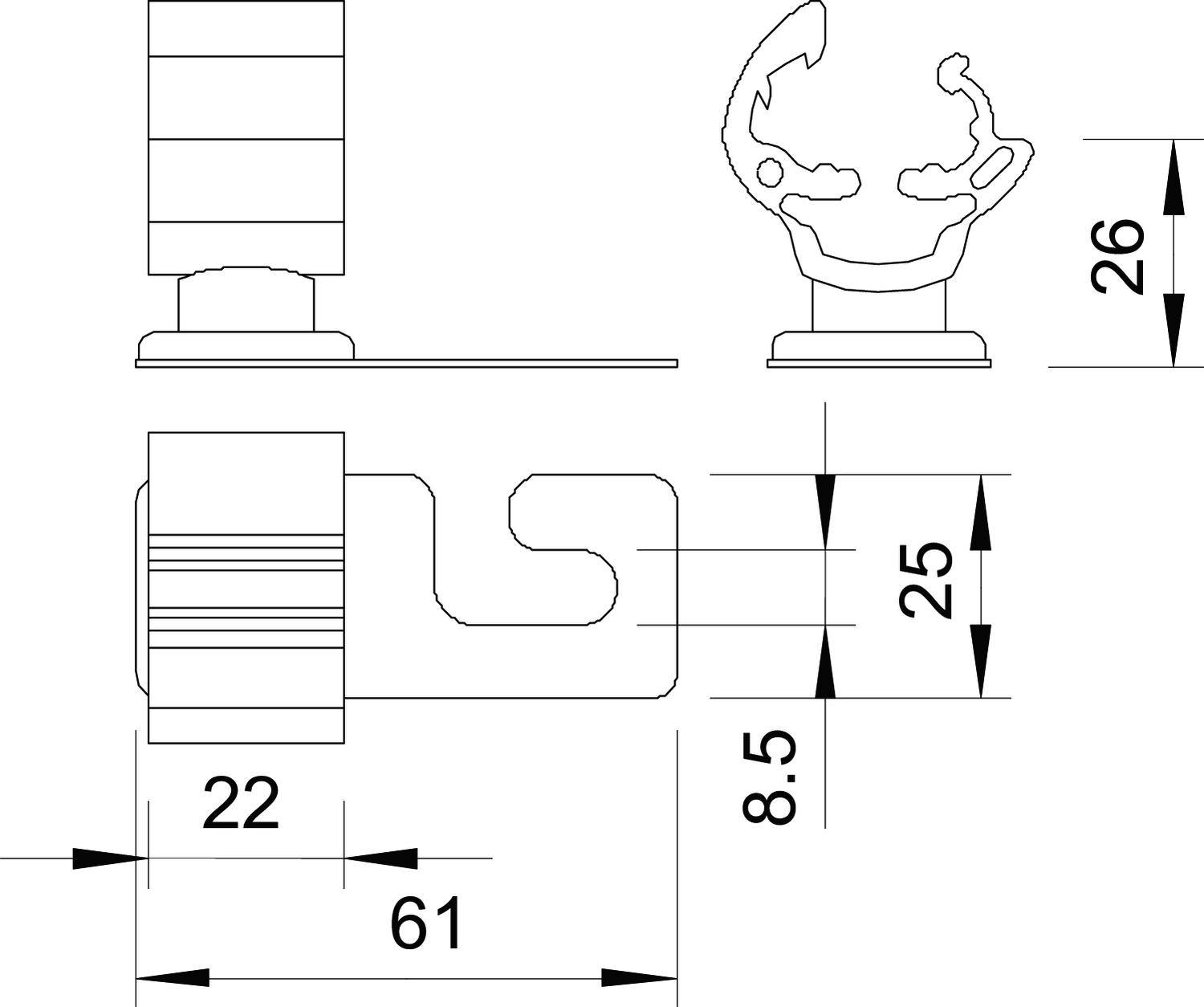 Rysunek techniczny profilu wspornika z widokiem z boku, z przodu i z góry. Wymiary: wysokość 26, szerokość 22, głębokość 61, szerokość profilu 8,5, wycięcie uchwytu 25.