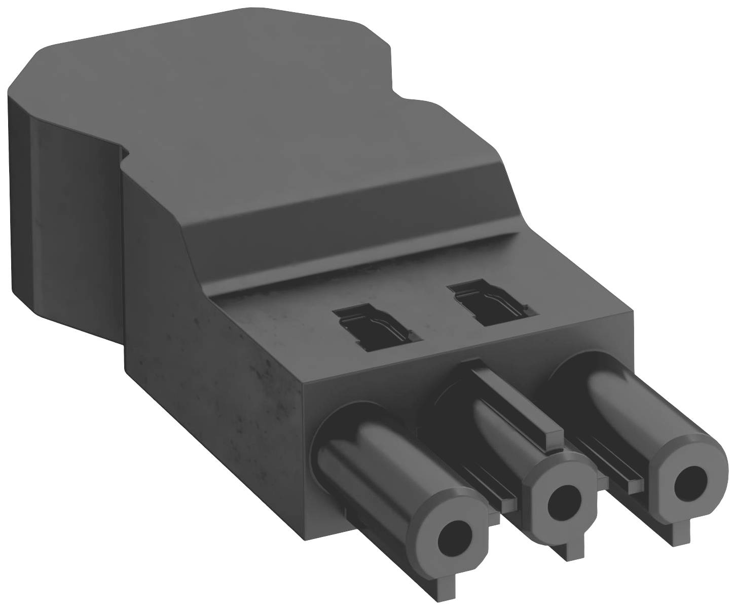 Czarny, trzybiegunowy adapter wtykowy w zbliżeniu, prezentujący piny zasilające.