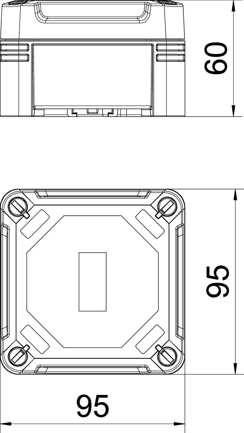 Rysunek techniczny urządzenia kwadratowego o wymiarach 95x95x60 mm. Widok z góry i z boku.