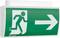 Znak awaryjnego wyjścia z zielonym tłem. Piktogram osoby biegnącej w prawo. Biała strzałka również wskazuje w prawo.