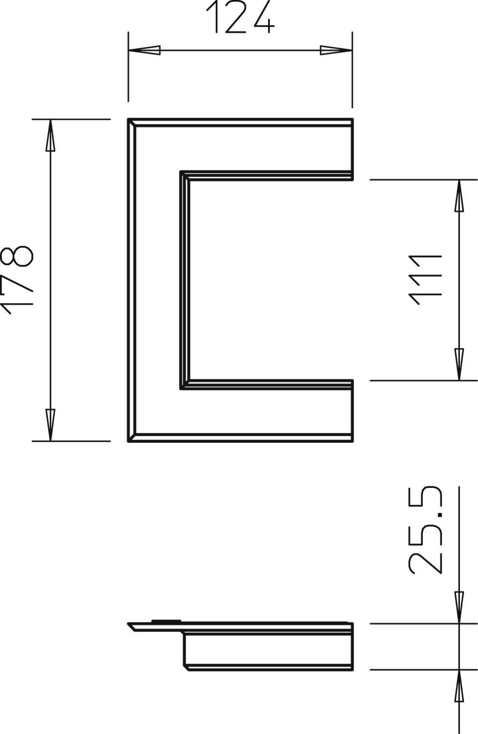 Rysunek techniczny profilu C o następujących wymiarach: szerokość 124 mm, wysokość 178 mm, wysokość wewnętrzna 111 mm, grubość 25,5 mm.