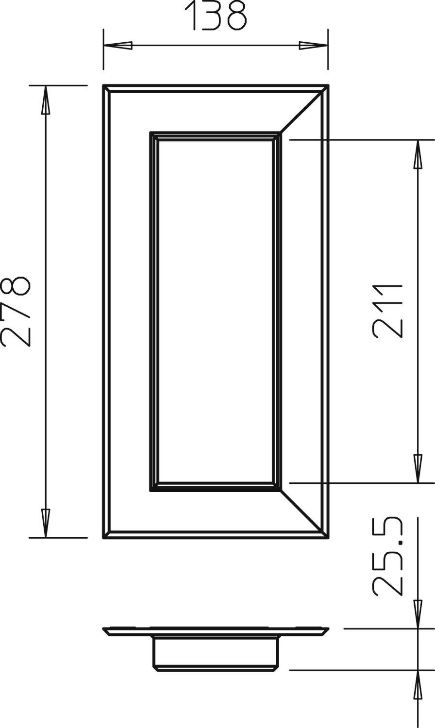 Rysunek techniczny prostokątnego elementu o wymiarach 138x278x25,5 mm. Wycięcie wewnętrzne 211 mm. Widok z boku poniżej.