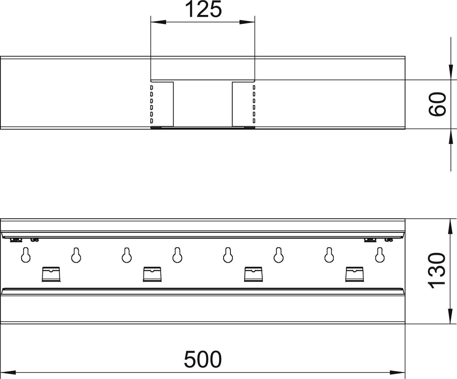 Rysunek profilu LED z wymiarami: Góra szerokość 125 mm, wysokość 60 mm; dół całego modułu szerokość 500 mm, wysokość 130 mm.