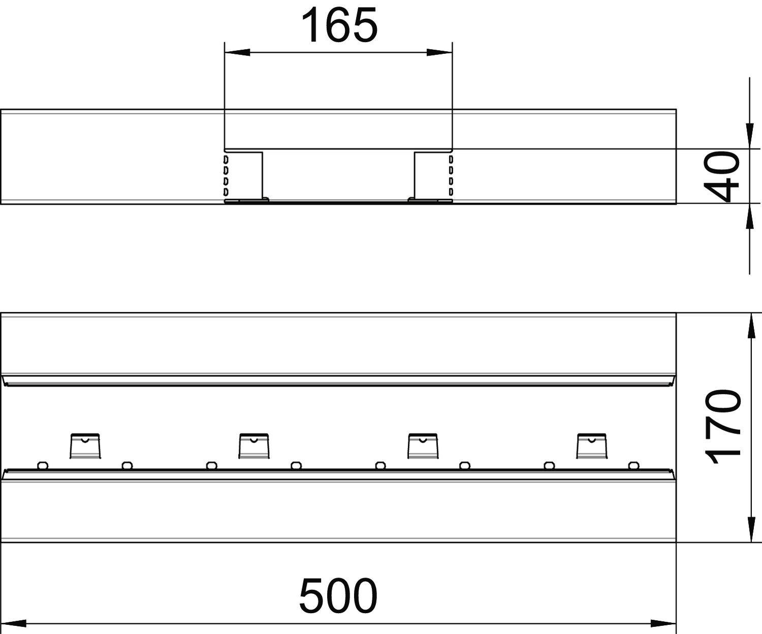 'Rysunek techniczny prostokątnego elementu. Widok z góry przedstawia 165 mm szerokości, widok z boku 500 mm szerokości i 170 mm wysokości.'