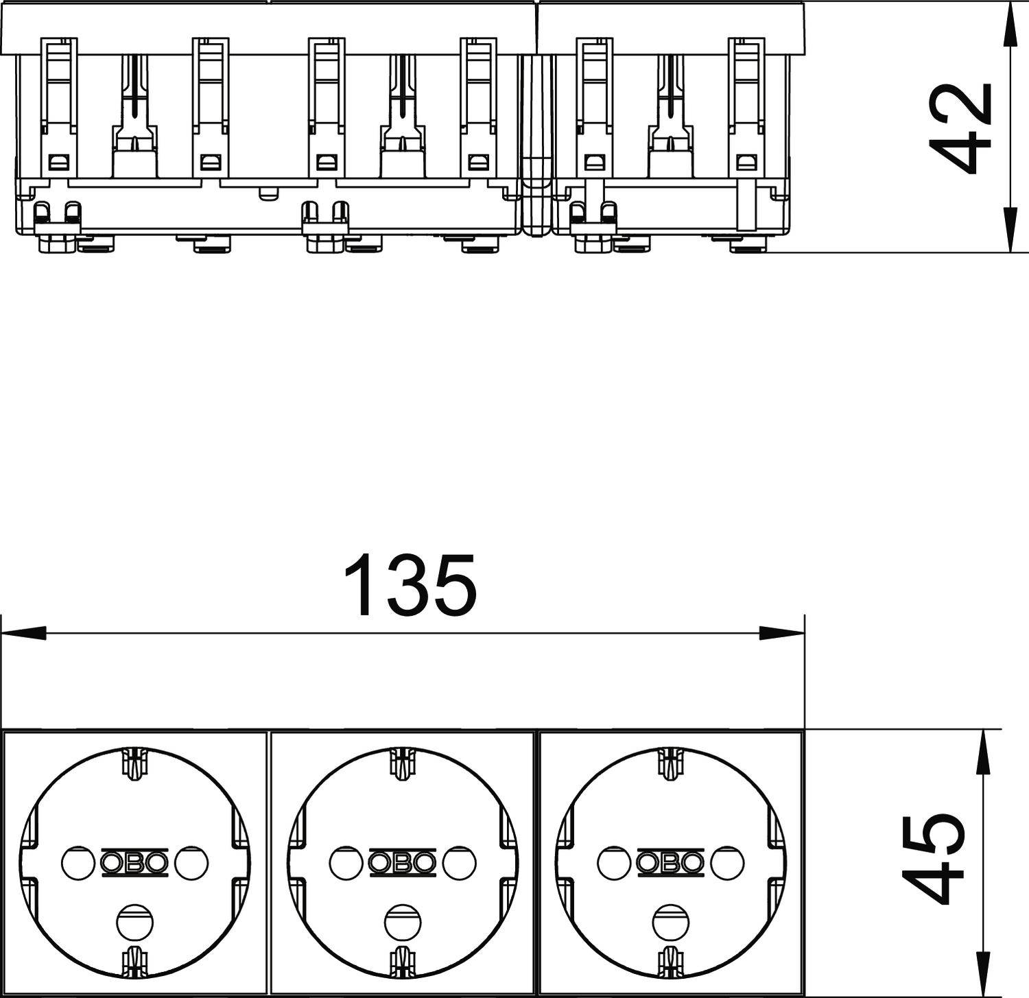 Rysunek przedstawia schemat techniczny listwy zasilającej z trzema gniazdkami wraz z wymiarami: szerokość 135 mm, wysokość 45 mm, głębokość 42 mm.