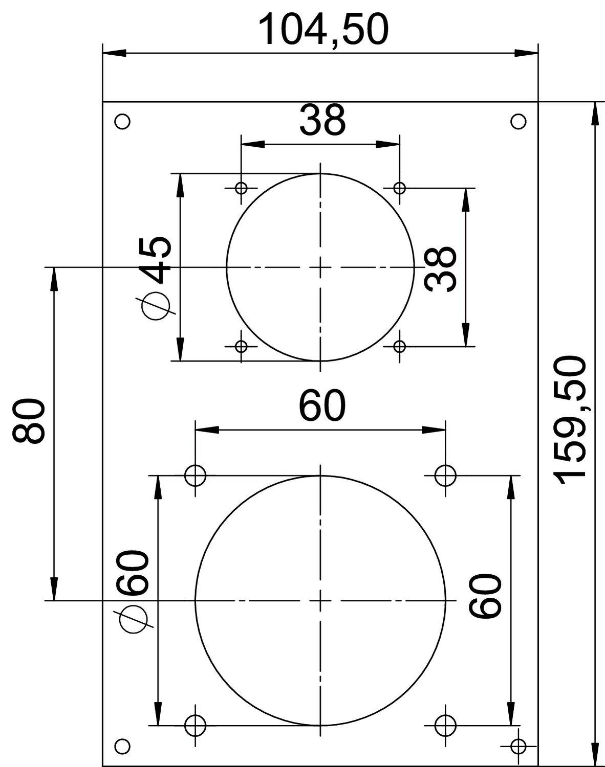 Rysunek techniczny z dwoma koncentrycznymi kołami na prostokątnej płycie. Wymiary: 104,50 mm szerokości, 159,50 mm wysokości.