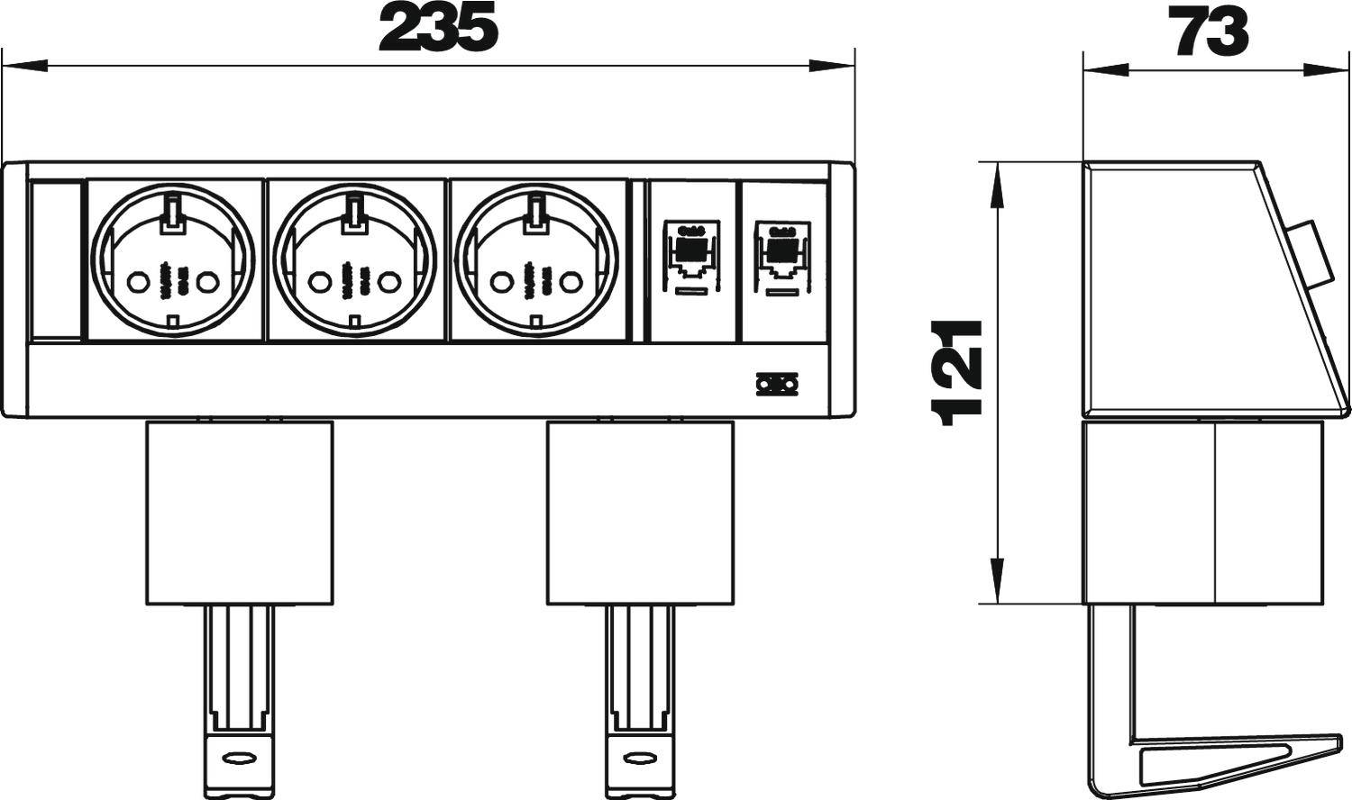 'Rysunek techniczny listwy zasilającej z trzema gniazdami elektrycznymi i dwoma złączami sieciowymi. Wymiary: 235 mm szerokości, 73 mm głębokości, 121 mm wysokości.'