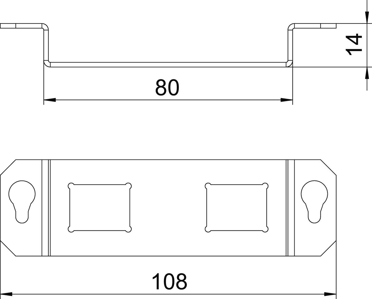 Rysunek techniczny kątownika metalowego z wymiarami: długość całkowita 108 mm, szerokość 80 mm, wysokość 14 mm, widoczne otwory montażowe.