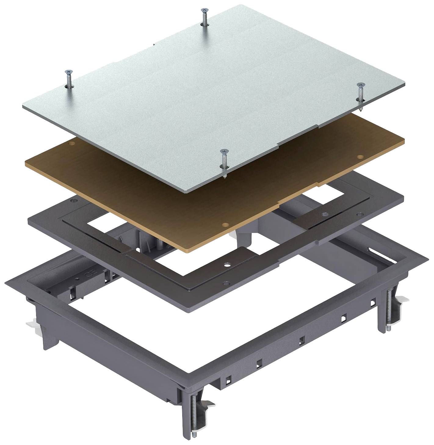 Widok rozstrzelony wielowarstwowej struktury składającej się z szarej płyty, brązowego rdzenia i czarnej ramy, połączonych śrubami.