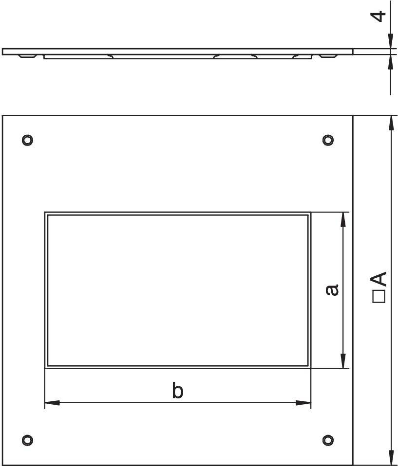 Rysunek techniczny prostokątnego elementu z wymiarami. Na górze widok z boku, na dole widok z przodu. Oznaczone są wymiary a, b, A.