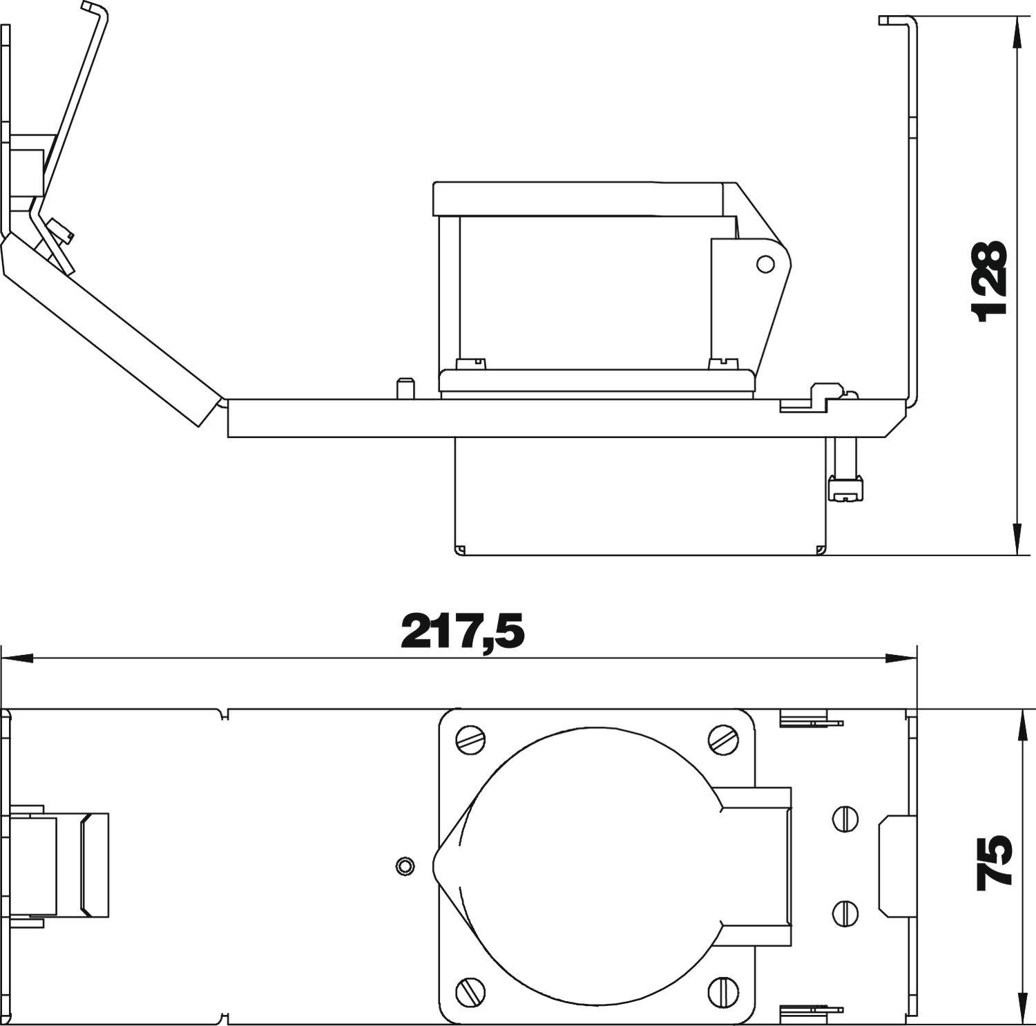 Rysunek techniczny uchwytu z wymiarami: górą 128 mm wysokości, spodem 217,5 mm długości. Wycięcie kołowe o średnicy 75 mm.