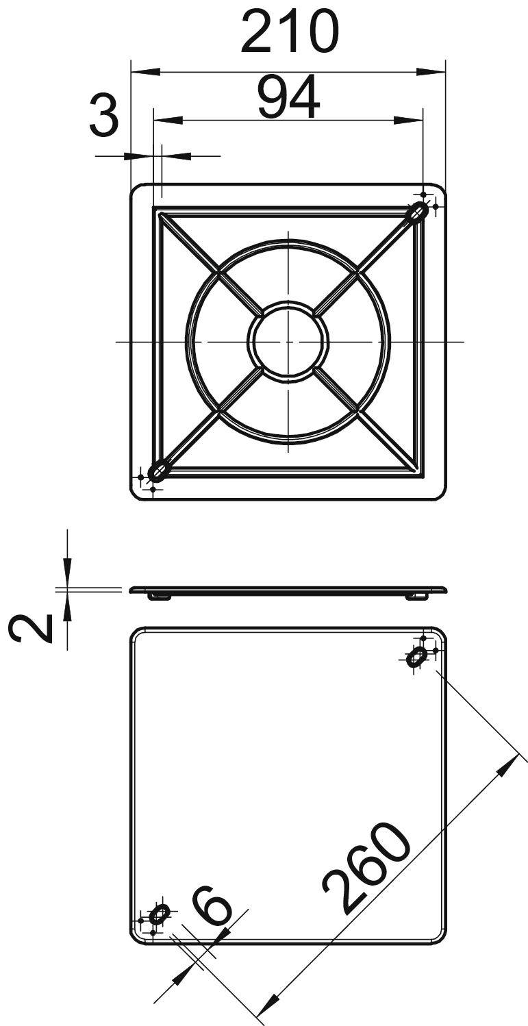 Rysunek techniczny kwadratowej płytki metalowej o wymiarach: 210x210 mm, grubość 2 mm, średnica otworu 6 mm oraz wymiar przekątnej 260 mm.