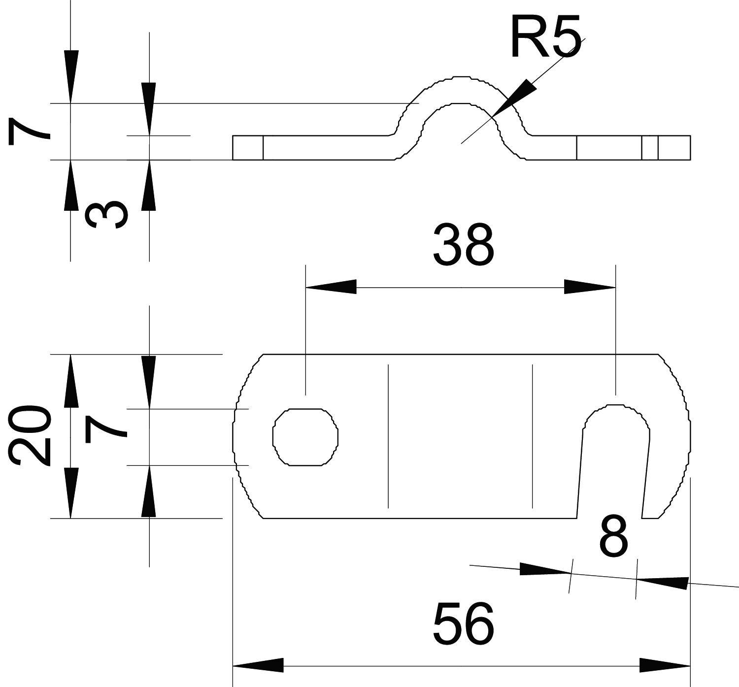 Rysunek techniczny zacisku metalowego z wymiarami: długość 56 mm, szerokość 20 mm, głębokość haka 8 mm, promień 5 mm.