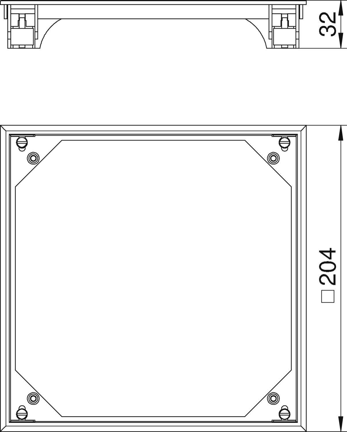Rysunek techniczny kwadratowej pokrywy z wymiarami: szerokość 204 mm, wysokość 32 mm. Widok z boku i widok z góry.