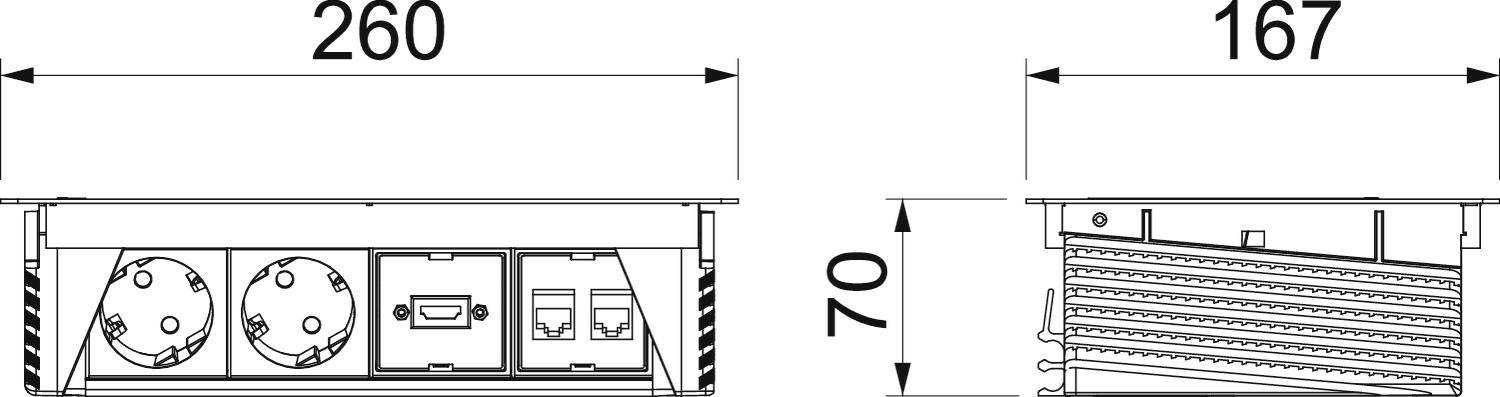 Rysunek techniczny przedstawia widok przedni i boczny modułu gniazd elektrycznych o wymiarach: szerokość 260 mm, wysokość 70 mm, głębokość 167 mm.