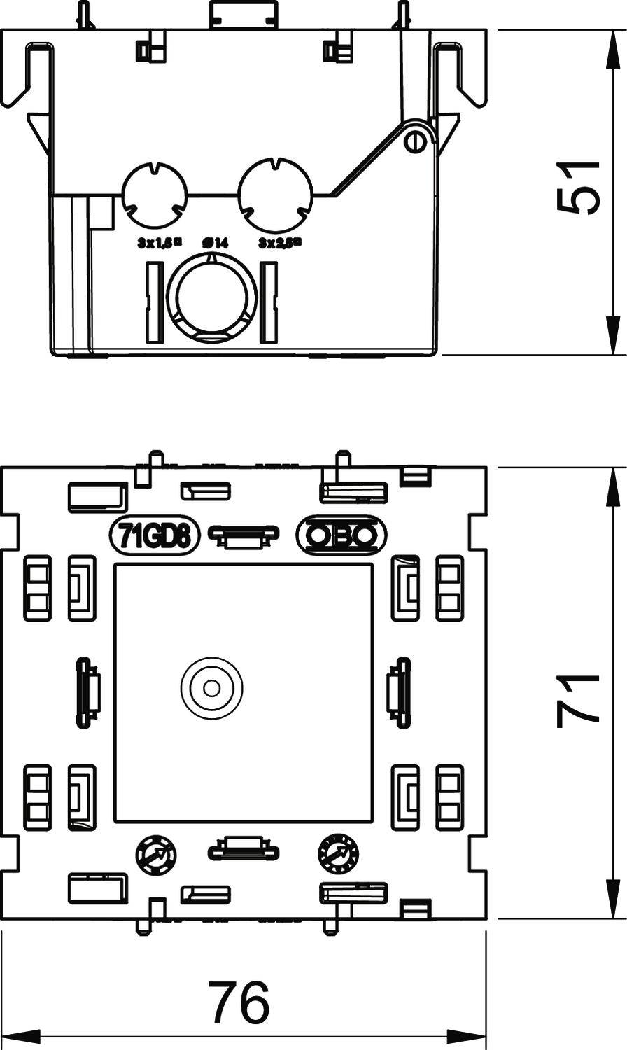 Rysunek techniczny elektrycznego włącznika z wymiarami: 51 mm wysokości, 76 mm szerokości. Przedstawia szczegóły montażu i podłączenia.