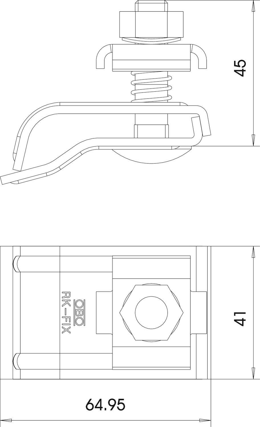 Rysunek techniczny zacisku mocującego ze śrubą i sprężyną. Wymiary: wysokość 45 mm, szerokość 41 mm, całkowita długość 64,95 mm.
