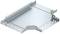 Metalowy element łączący korytka kablowe z prostokątną podstawą i podniesionymi krawędziami po obu stronach. Odpowiedni do zarządzania okablowaniem.