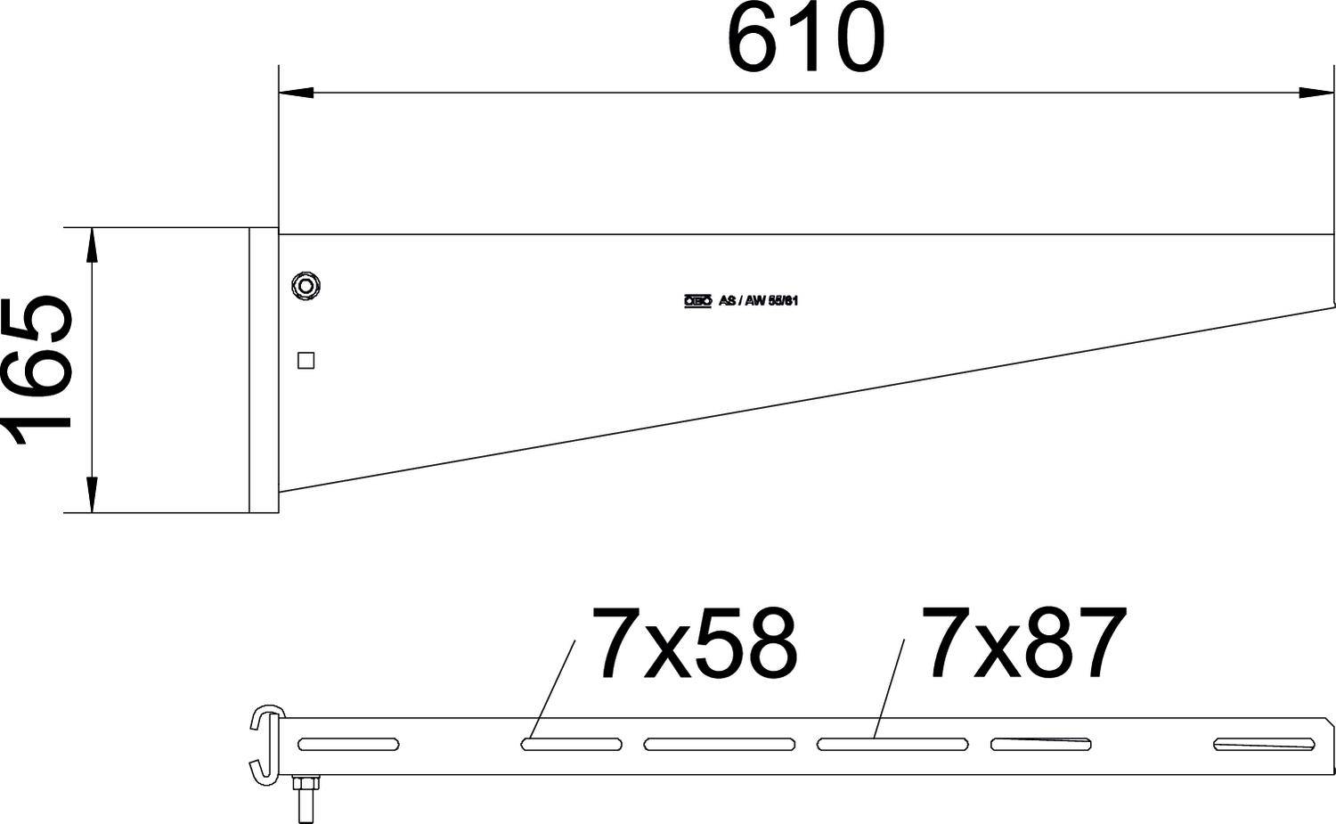 Rysunek techniczny wspornika ściennego o długości 610 mm i wysokości 165 mm. Otwory montażowe oznaczone jako '7x58' i '7x87'.