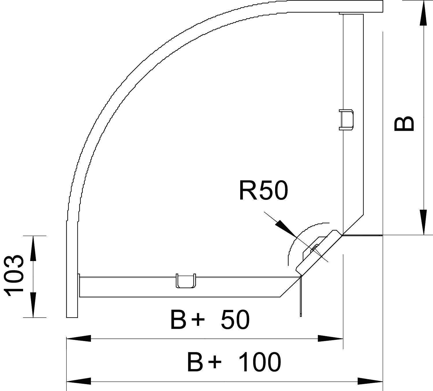 Rysunek techniczny wygiętego elementu z wymiarami: wysokość 'B', szerokość 'B+100', promień 'R50' oraz dodatkowymi wymiarami.