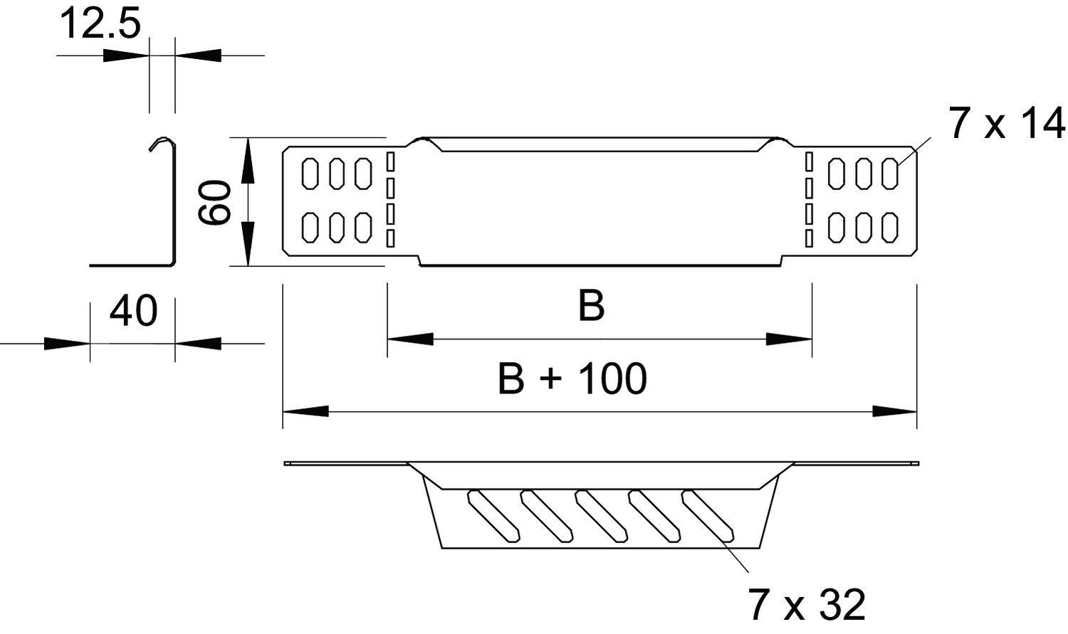 Rysunek techniczny prostokątnego elementu o wymiarach: szerokość 60 mm, wysokość 40 mm, dodatkowe szczegóły 12,5 mm, otwory 7x14 mm.
