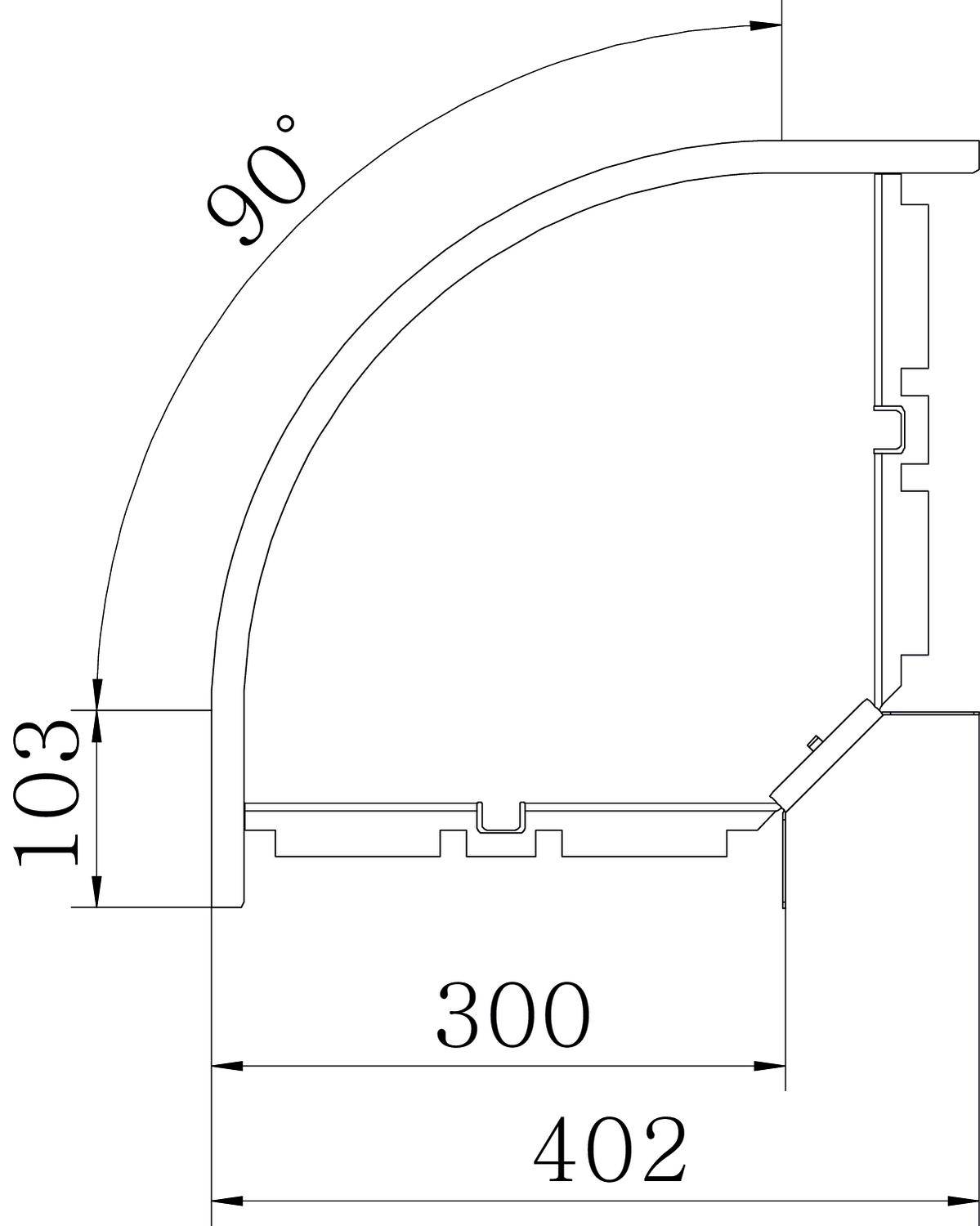 Rysunek techniczny kąta prostego z wymiarami: 103 mm, 300 mm, 402 mm. Przedstawia widok z boku wygiętego profilu.