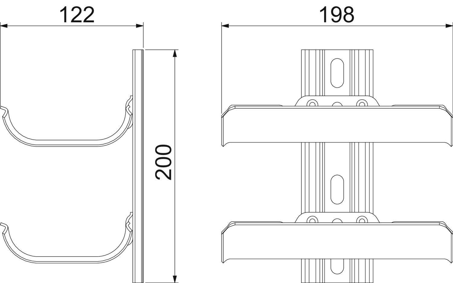 Rysunek techniczny przedstawia widok z przodu i z boku elementu z następującymi wymiarami: szerokość 198 mm, wysokość 200 mm, głębokość 122 mm.