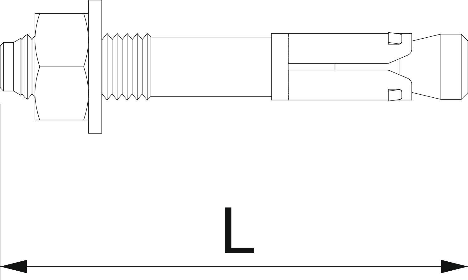 Rysunek techniczny kotwy złącznej z długością oznaczoną jako 'L'. Kotwa przedstawia szczegóły budowy i elementów mocujących.
