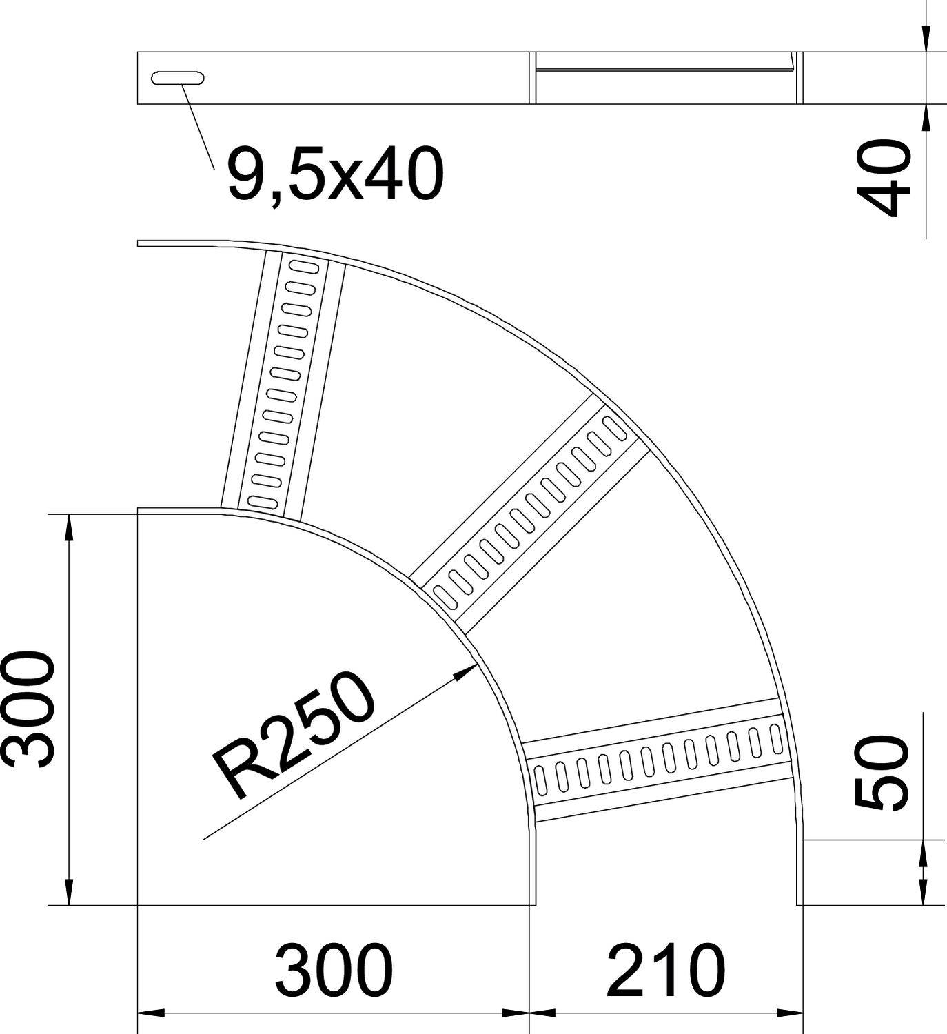 Rysunek techniczny prostokątnego łuku trasy kablowej z promieniami: R250, wysokość całkowita 300 mm, szerokość 50 mm, strefy śrub 9,5x40 mm.