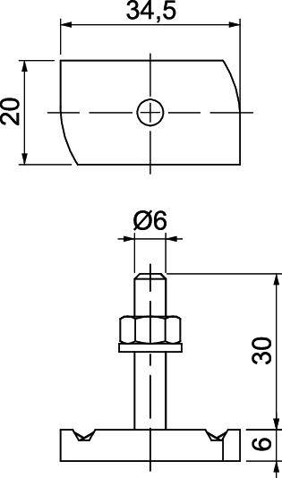 Rysunek techniczny śruby z wymiarami: szerokość całkowita 34,5 mm, wysokość 30 mm, szerokość 20 mm i średnica 6 mm.