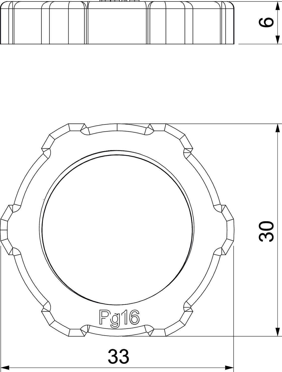 Rysunek techniczny nakrętki śrubowej o wymiarach: średnica 33 mm, wysokość 6 mm, wysokość widoku z boku 30 mm, oznaczona jako 'Pg16'.