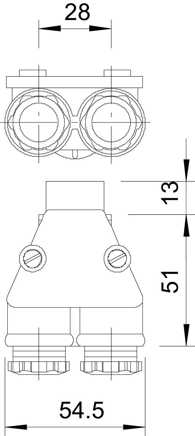 Rysunek techniczny trójdrożnego złącza w kształcie litery Y ze wskazanymi wymiarami: góra 28 mm, długość 51 mm, całkowita długość 54,5 mm, wysokość 13 mm.