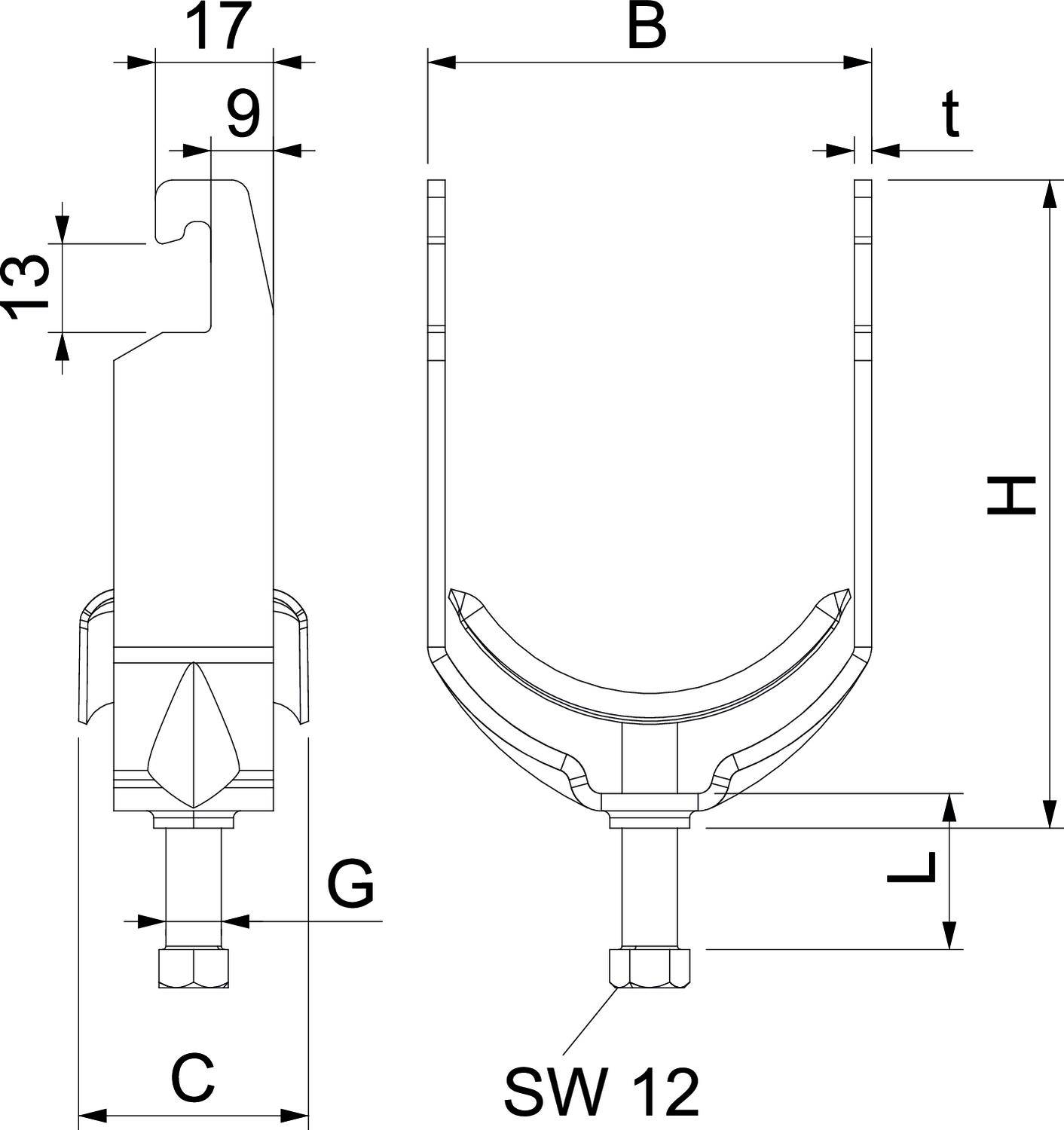 Rysunek techniczny wspornika z wymiarami: szerokość (B), wysokość (H), długość (L), gwint (G), grubość (t), rozstaw klucza (SW 12).