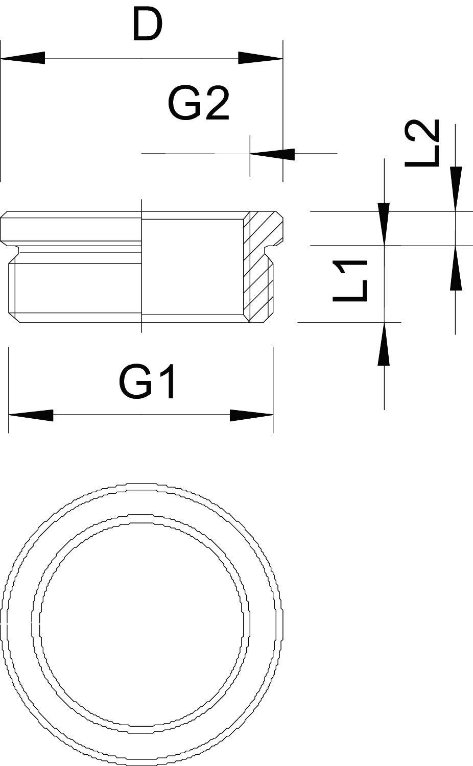 Rysunek techniczny pierścienia uszczelniającego o kształcie kołowym; przedstawia średnicę (D), widoki boczne z wymiarami G1, G2, L1, L2.