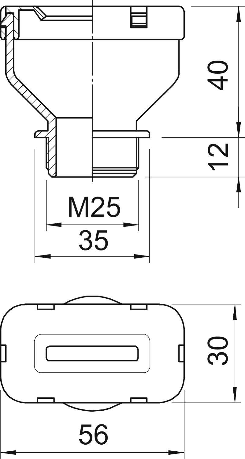 Rysunek techniczny elementu z wymiarami: 40 mm wysokości, 35 mm szerokości, 12 mm głębokości montażowej. Rozmiar przyłącza M25, szerokość u dołu 56 mm.