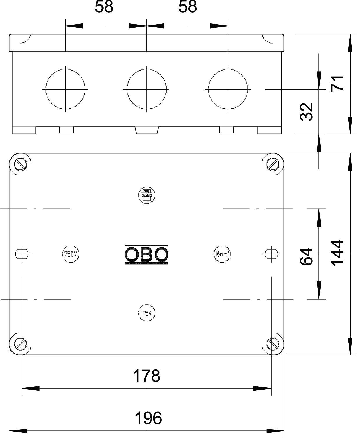Rysunek prostokątnej metalowej skrzynki z wymiarami i otworami. Zawiera logo marki 'OBO' oraz informacje o specyfikacjach elektrycznych.