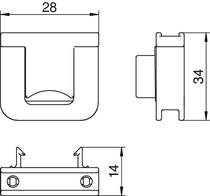 Rysunek techniczny elementu o kształcie litery U z wymiarami: szerokość 28 mm, wysokość 34 mm, głębokość boczna 14 mm. Widoki profilu z przodu i z boku.