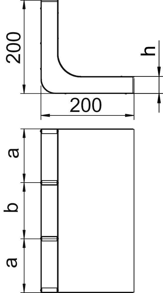Diagram przedstawia obiekt w kształcie litery L o wymiarach: 200x200 jednostek, wysokość 'h'. Poniżej: pionowy przekrój poprzeczny, segmenty 'a', 'b', 'a'.