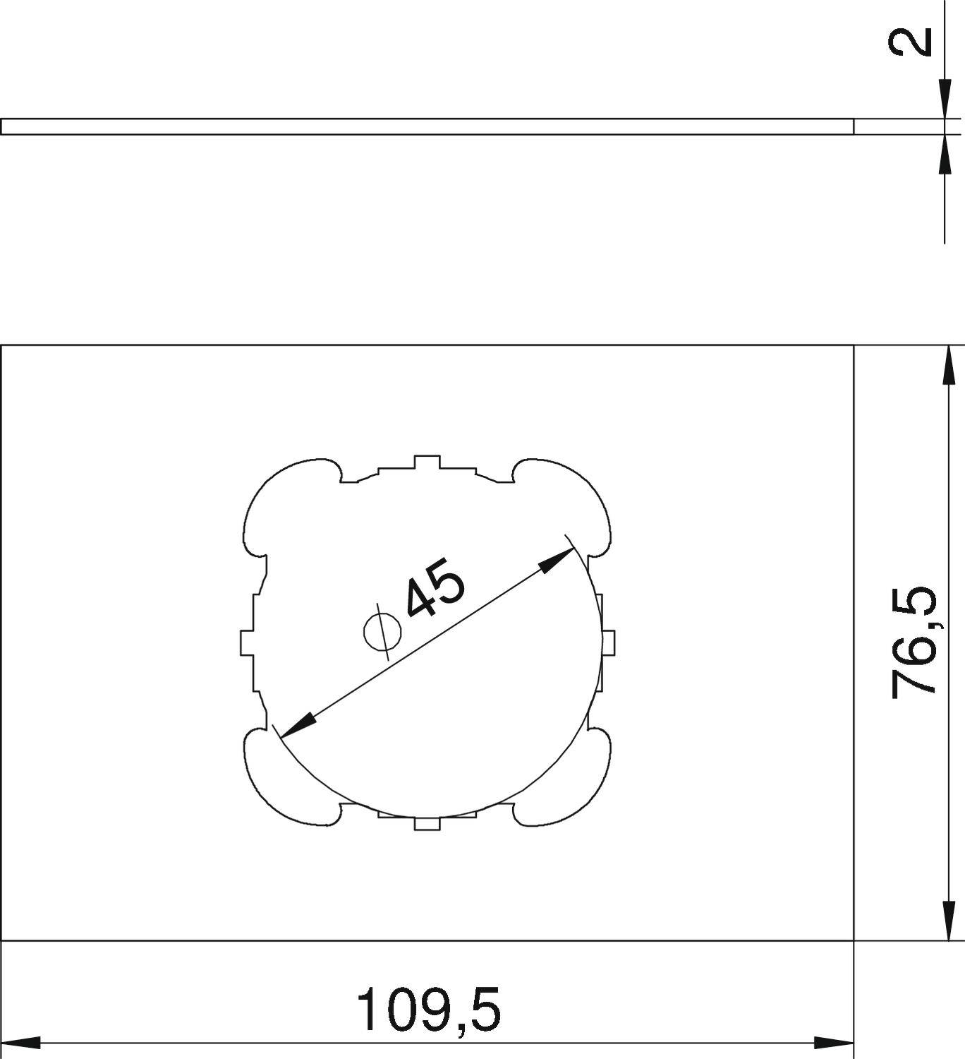 Rysunek techniczny okrągłego otworu o średnicy 45 mm w prostokątnej powierzchni. Wymiary: 109,5 mm szerokości, 76,5 mm wysokości.