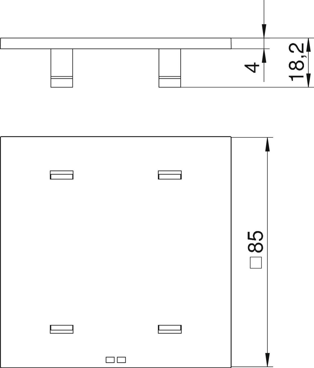 Rysunek techniczny prostokątnej płyty z wymiarami. Widok z boku przedstawia dwie stopy u dołu, wysokość wynosi 18,2 mm; szerokość 85 mm.