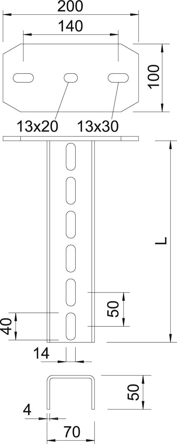 Rysunek techniczny belki metalowej z wymiarami. Górna płyta z dwoma otworami (13x20, 13x30). Wysokość 100 mm, szerokość 140 mm. Łączna długość belki L.
